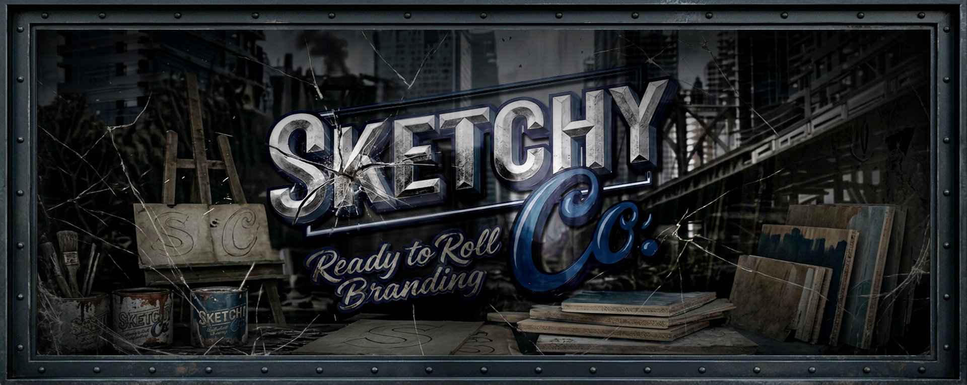 Sketchy Co. — Ready to Roll Branding. Chrome signwriting and blue script on a cracked shop window; sign-painter's easel, branded paint cans and stacked boards in a ruined city.